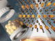 Tritt ein STEM-Elektronenstrahl (weiß) durch die Anordnung der Atome in Lithium-Nickel-Oxid (Bildmitte), so entsteht ein Bild (unten), aus dem auf die Lage der Atome zurückgerechnet werden kann. (Philipps-Universität Marburg)