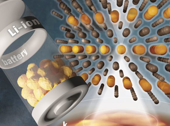 Tritt ein STEM-Elektronenstrahl (weiß) durch die Anordnung der Atome in Lithium-Nickel-Oxid (Bildmitte), so entsteht ein Bild (unten), aus dem auf die Lage der Atome zurückgerechnet werden kann. (Philipps-Universität Marburg)