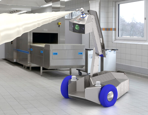 Der ausfahrbare Roboterarm des Mobile Cleaning Device 4.0 mit Zielstrahlreiniger erreicht auch höher gelegene Anlagenbereiche (Fraunhofer IVV)