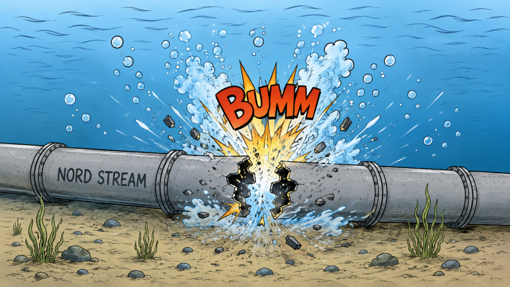 Das Drehbuch für den Prompt lautete: "Mache eine einfache Zeichnung von der Nord Stream Sprengung, Querformat, Pipeline Röhre Wasser Bumm" (Comic mit KI erstellt)
