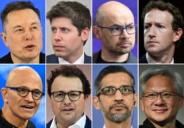 Die Tech-Barone greifen nach dem großen Coup: Elon Musk, Sam Altman, Demis Hassabis, Mark Zuckerberg, Satya Nadella, Dario Amodei, Sundar Pichai und Jensen Huang. (Foto: AFP)