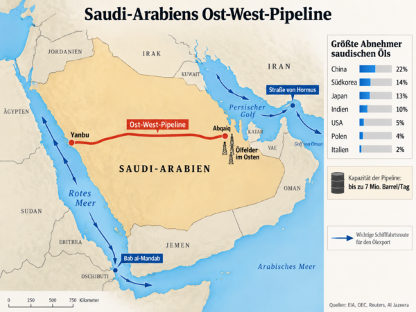 Die Ost-West-Pipeline in Saudi-Arabien. (Grafik mit Hilfe von KI erstellt)