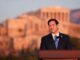 US-Außenminister Marco Rubio spricht am 7. Oktober 2026 auf dem Pnyx-Hügel, wo die alten Athener demokratische Versammlungen abhielten. Im Hintergrund ist der antike Parthenon-Tempel auf der Akropolis zu sehen. (Foto: Mark Schiefelbein / POOL / AFP)