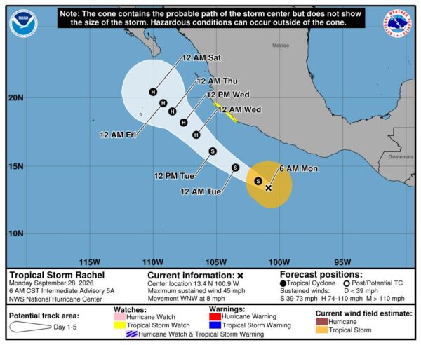 Hurrikan Rachel vor der mexikanischen Pazifikküste Ende September 2026. Der Wirbelsturm brachte an Teilen der Küste Starkregen, hohe Wellen und kräftigen Wind. (Grafik: NOAA/National Hurricane Center – Public Domain)